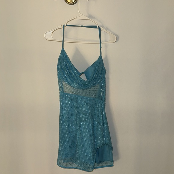 Oh Polly RANCHO MIRAGE Embellished Cowl Mini Dress in Aqua Size US 4 - Picture 3 of 5